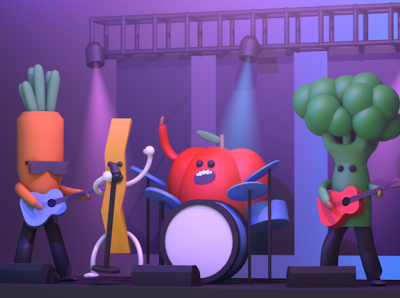 Getting The Band Back Together 3d band broccoli c4d carrot concert fries guitar lights music red robin render rock stage tomato tomatoes vegetables veggies