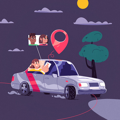 Safe Drive: Share Your Location app art car cartoon character drive friends illustration illustrator location nightdrive safety share taxi