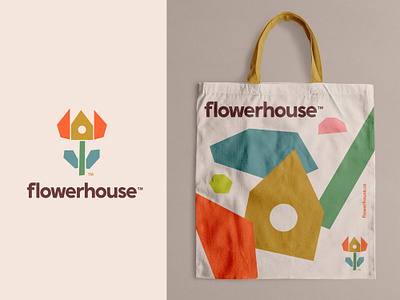 Flowerhouse Logo & Bag bag brand branding colorful flower house kids lifestyle logo nature packaging pattern plant puzzle structure tote tote bag