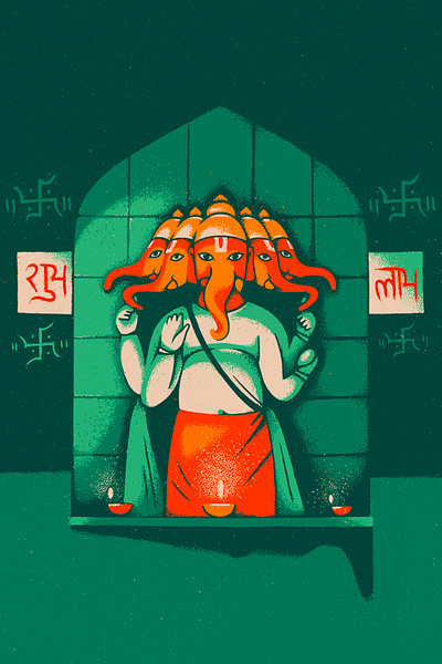 Five faces Ganesha's shrine candle character divine diwali elephant ganesha god hindu hippie illustration india miracle monster mystic shrine swastika temple