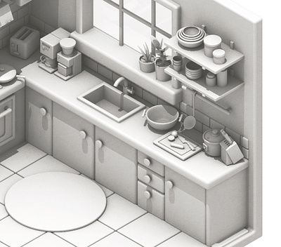Kitchen WIP 3d assets cabinets cinema 4d grayscale house kitchen model modeling render rice cooker room sink window wip