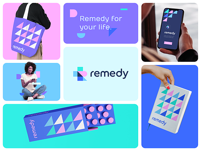 Remedy Brand Visual Identity abstract app bold branding clever cross finance fintech fun health letter logo minimal package pattern payment r startup technology web