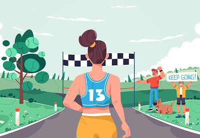 Marathon art cartoon character design family illustration marathon running vector winner