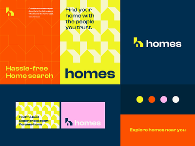 Homes - Visual identity system abstract ai bold branding clever data fintech fun h home house letter logo mark minimal negative space roof technology vibrant web