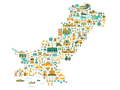 Pakistan Travel Map design flat design illustration infographic landmarks map pakistan poster print symbols tourist travel
