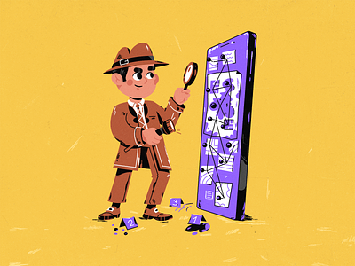 Detective 2d art cartoon character design detective evidence game illustration investigation phone poster vector